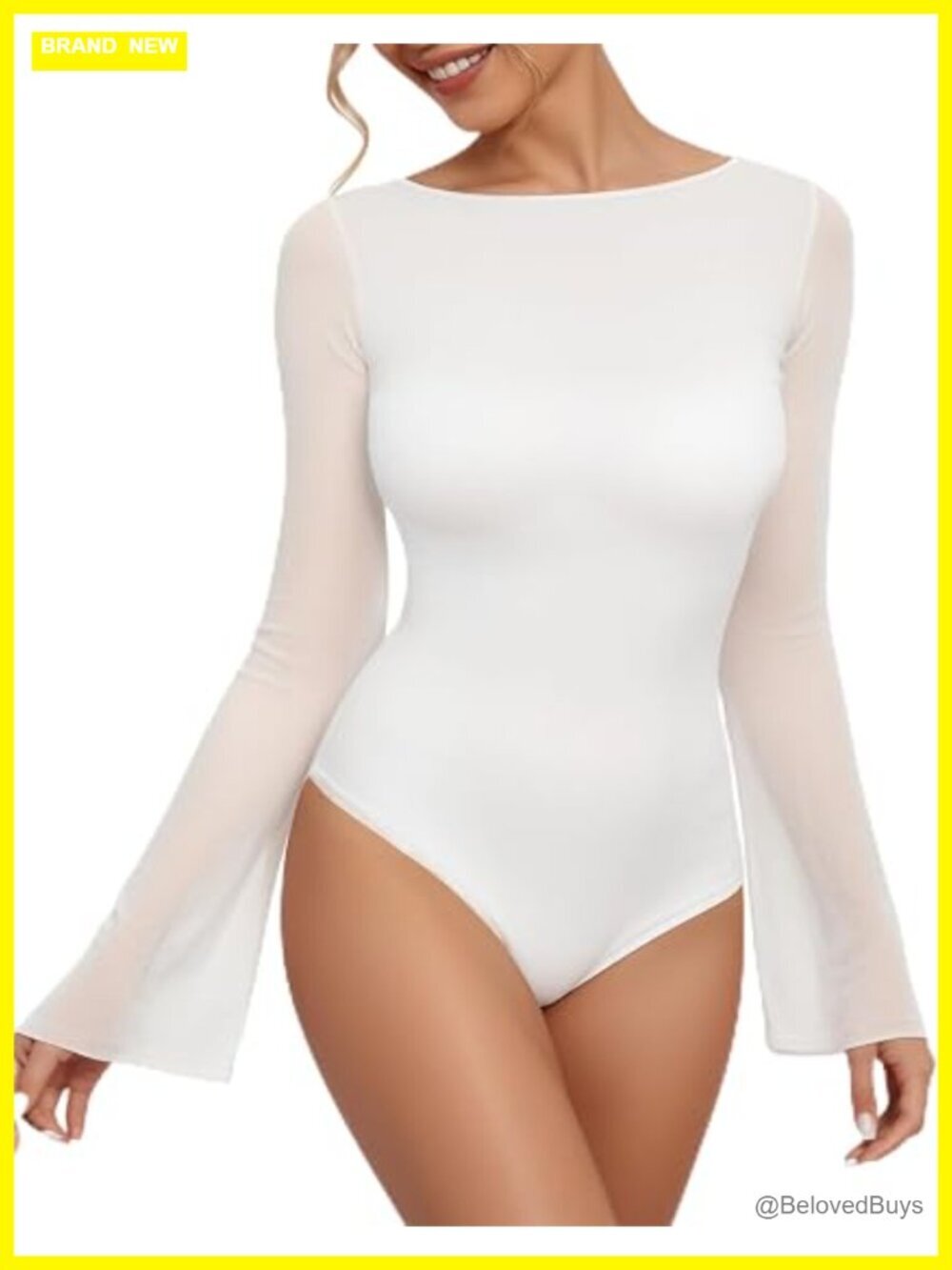 Boat Neck Bell Sleeve Bodysuit Sexy Sheer Mesh Double Lined Going Out Top